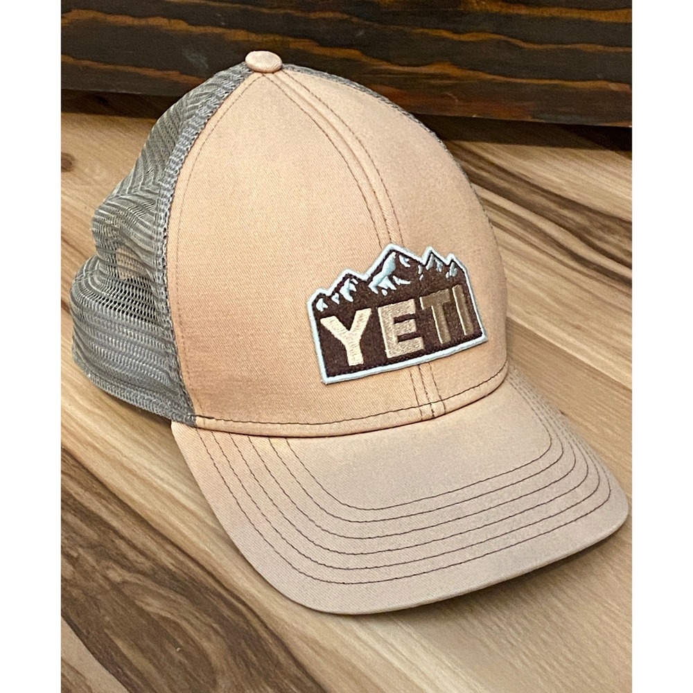 YETI Mountain Logo Trucker Hat Tan Blue Grey Snapback Mesh Back Cap